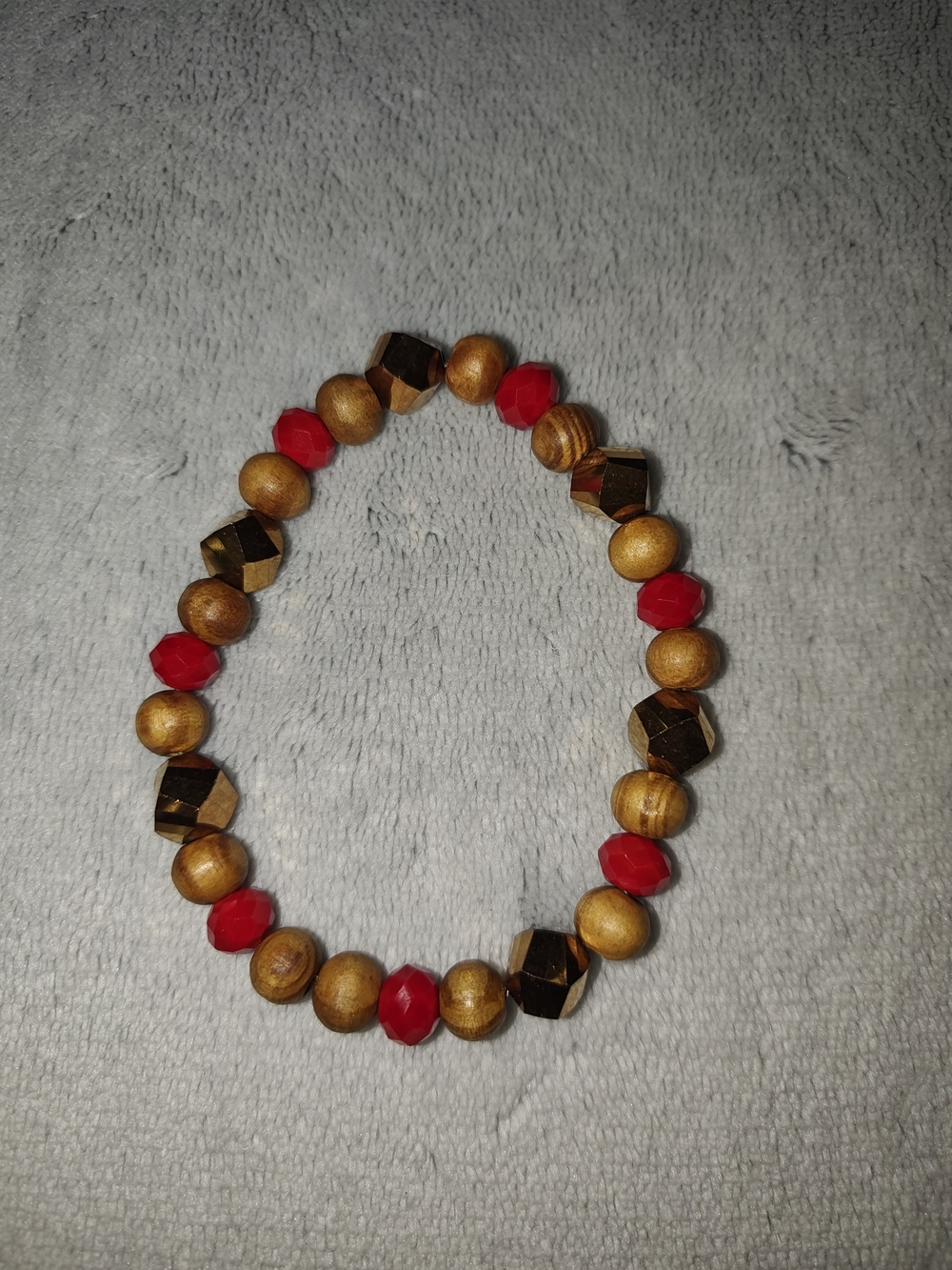 Red and Wood Beaded Stretch Bracelet - Handmade Jewelry